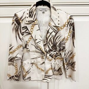 St John Sport Marie Gray Women’s Nautical Gold Chain Print Detail Blazer Grommet